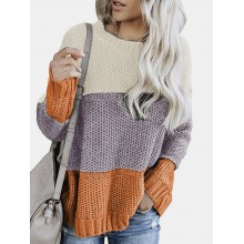Women Contrast Color Patchwork Round Neck Long Sleeve Knitted Casual Sweater