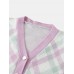 Women Plaid V  Neck Knitted Elastic Cuff Color Block Cardigan