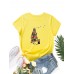 Women Cartoon Girl   Cat Print O  Neck Short Sleeve Casual T  Shirts