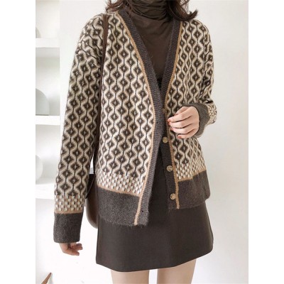 Women Aryclic Knitted Button Down Up Retro Cardigan