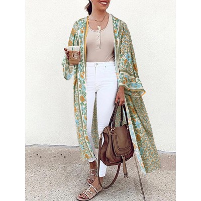 Women Floral Print Bohemian Vintage Long Sleeve Long Cardigan