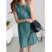 Solid H  Shaped Cotton Sleeveless Round Neck Casual Midi Dress