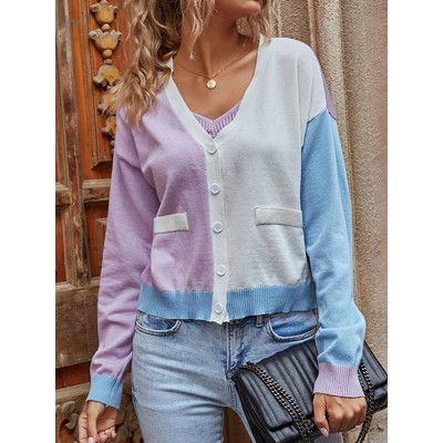 Women Contrast Color Knitted Drop Shoulder Long Sleeve Sweater Cardigans