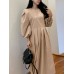 Pleat Solid Puff Sleeve Round Neck Midi Dress